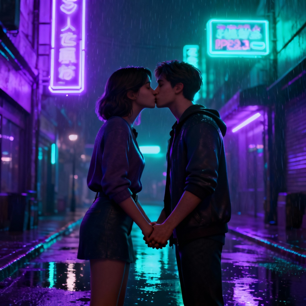 AI Neon City Kiss Day scene