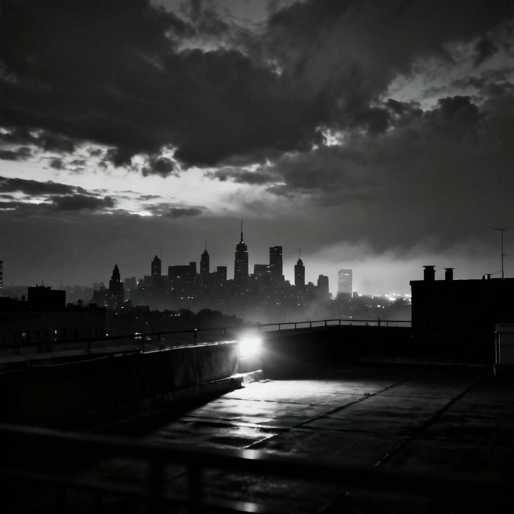AI noir city rooftop at night with dramatic skyline