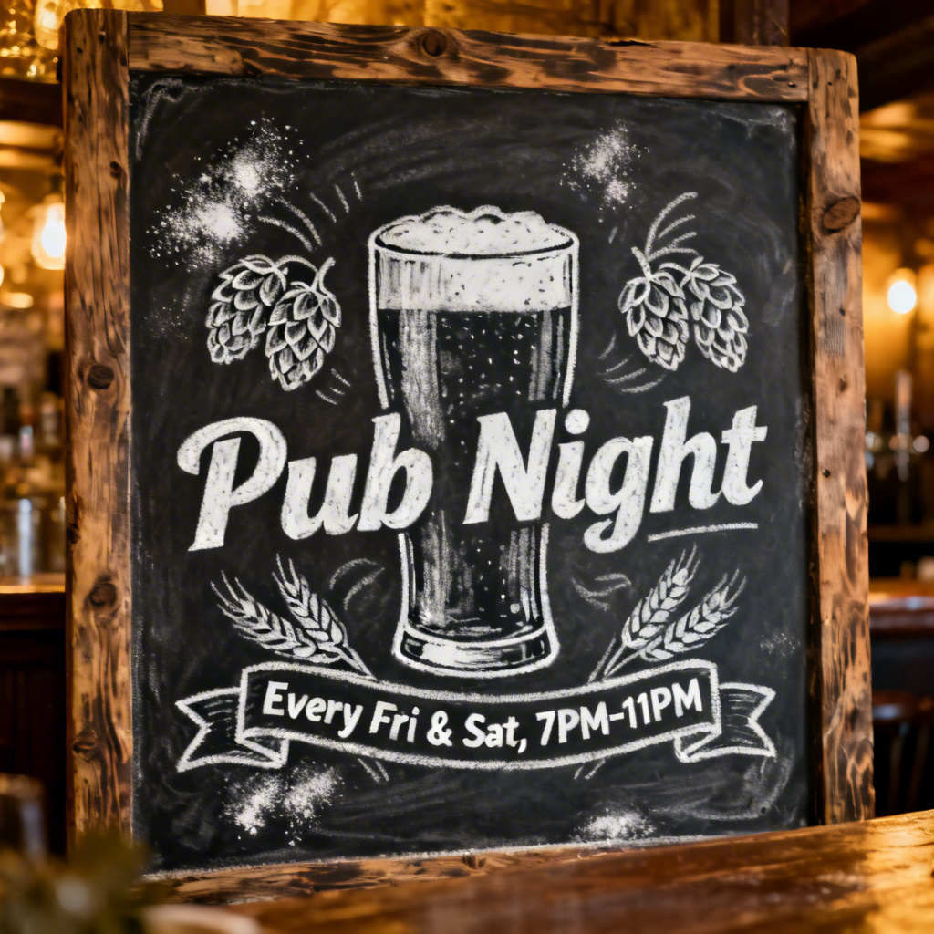 Chalkboard-style beer poster with hand-drawn hops and pint