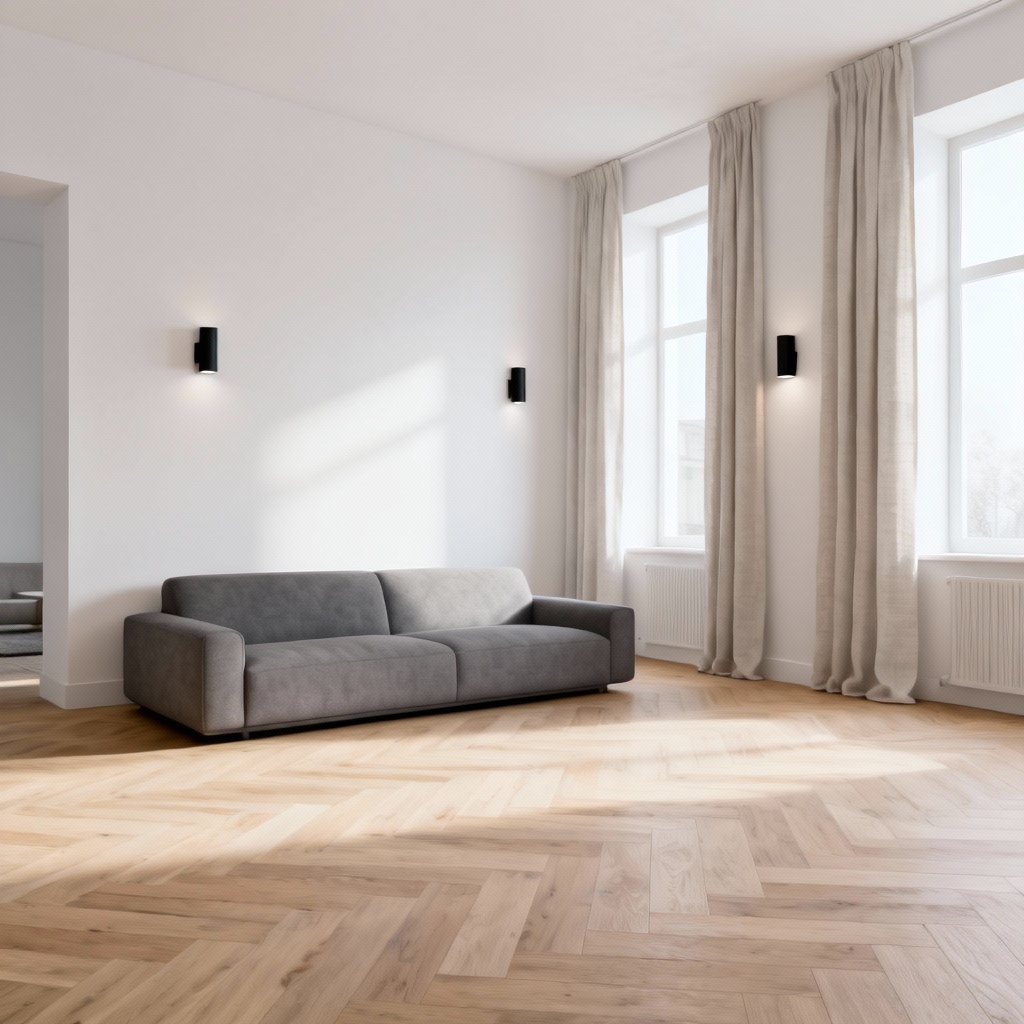 Minimal Scandinavian living room layout with light wood and white walls
