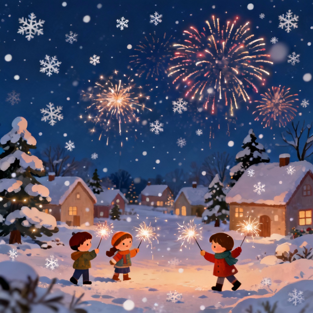 Cute snowy village new year background