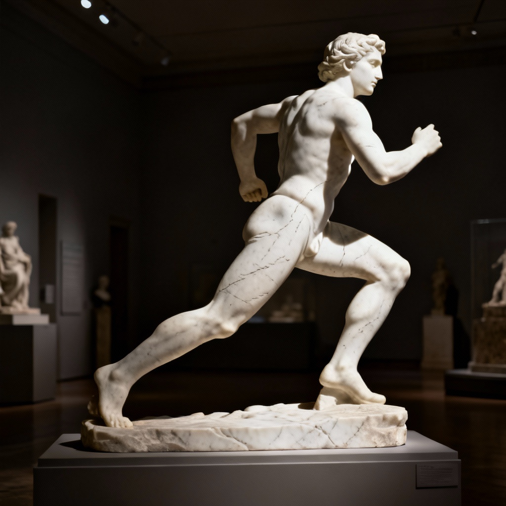 AI white marble statue running pose