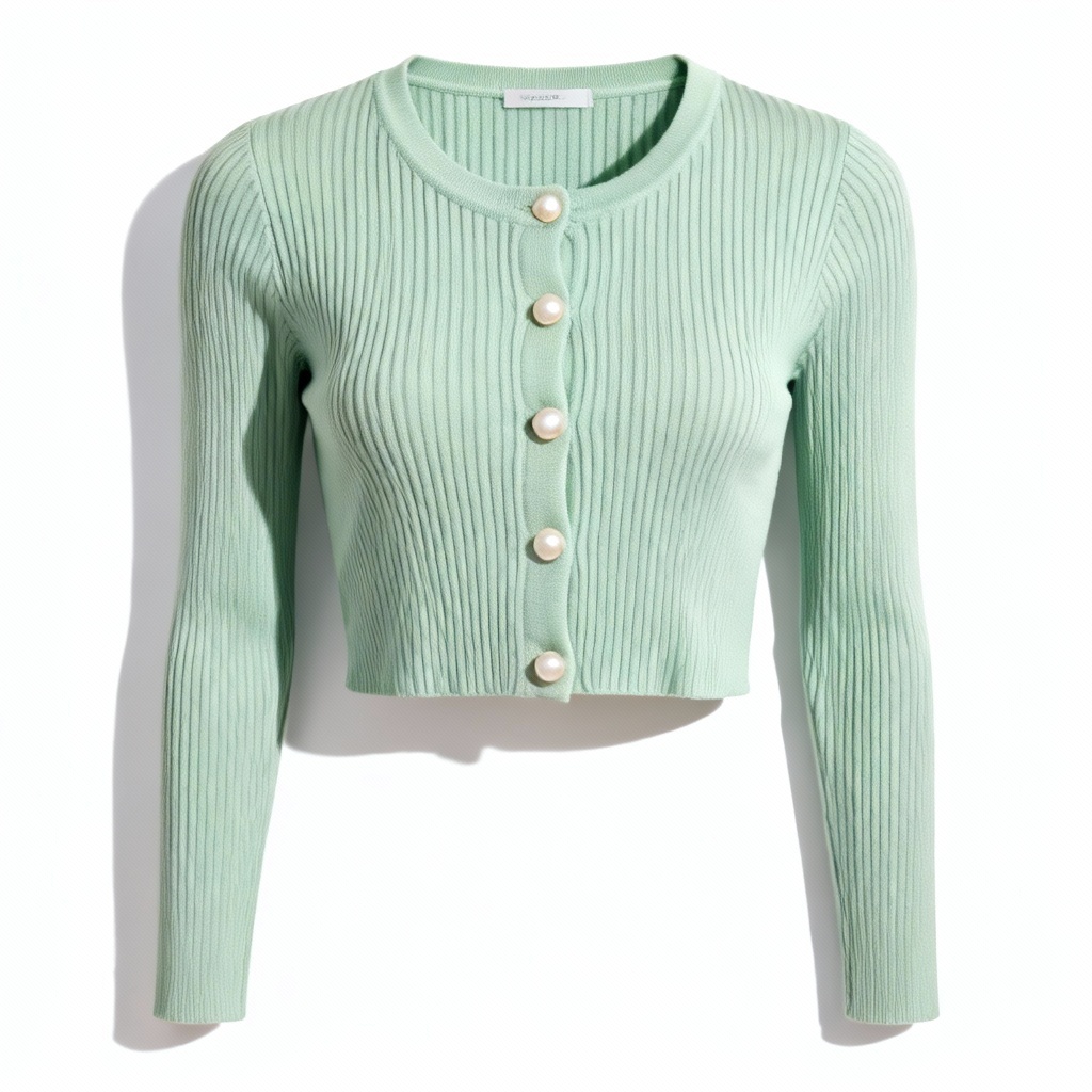 AI cropped ribbed cardigan in pastel sage