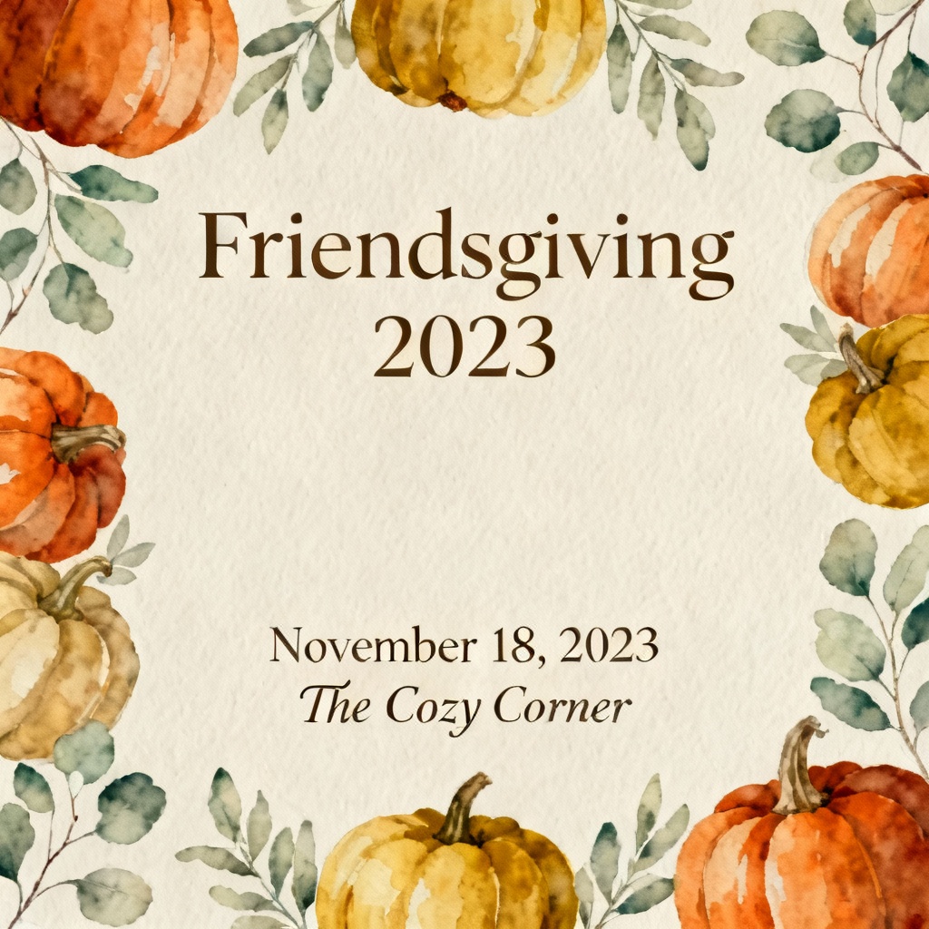 Minimalist Friendsgiving invitation with watercolor pumpkins and sage leaves