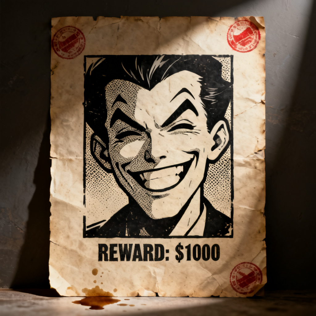 AI GTA-style wanted poster closeup with vintage paper