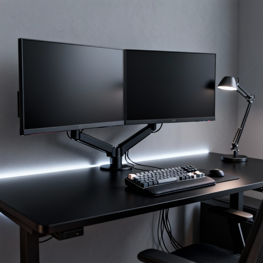 AI ergonomic dual monitor desk setup