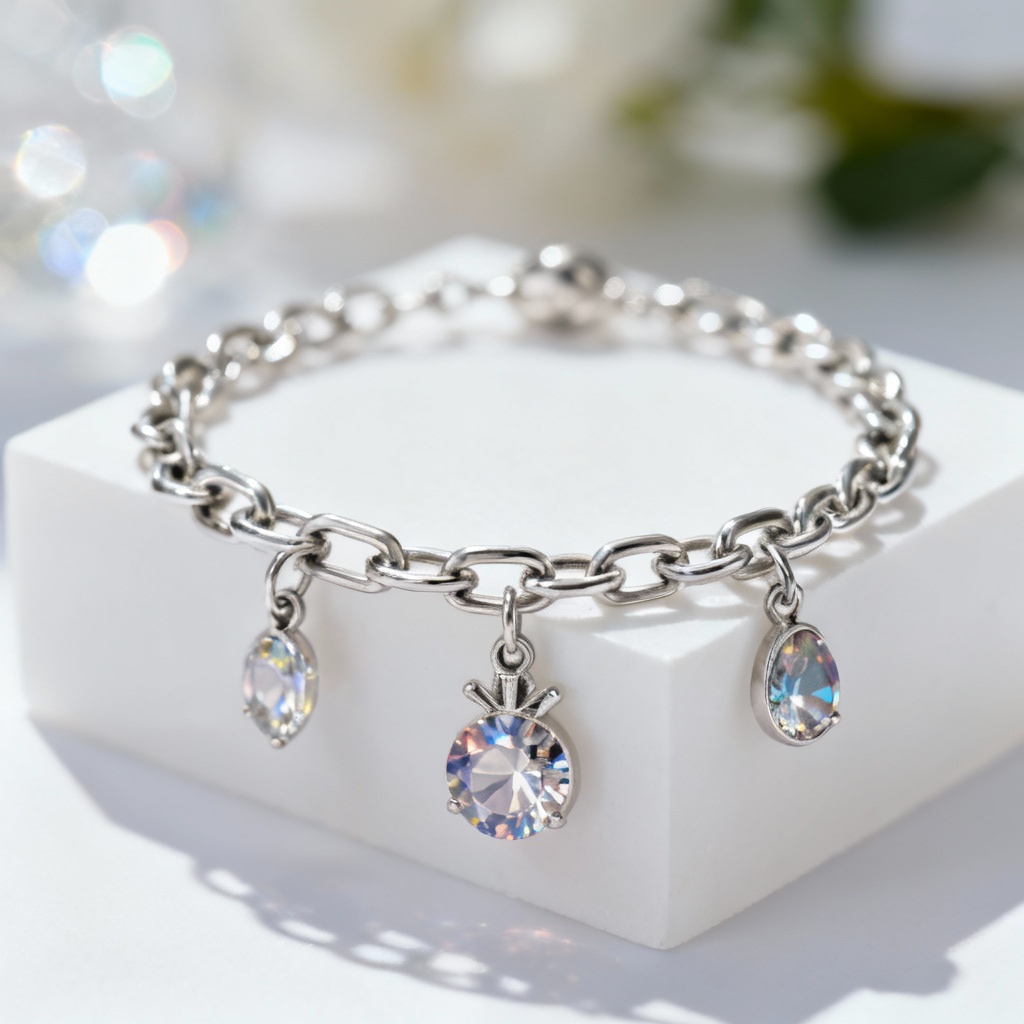 AI silver charm bracelet with birthstones