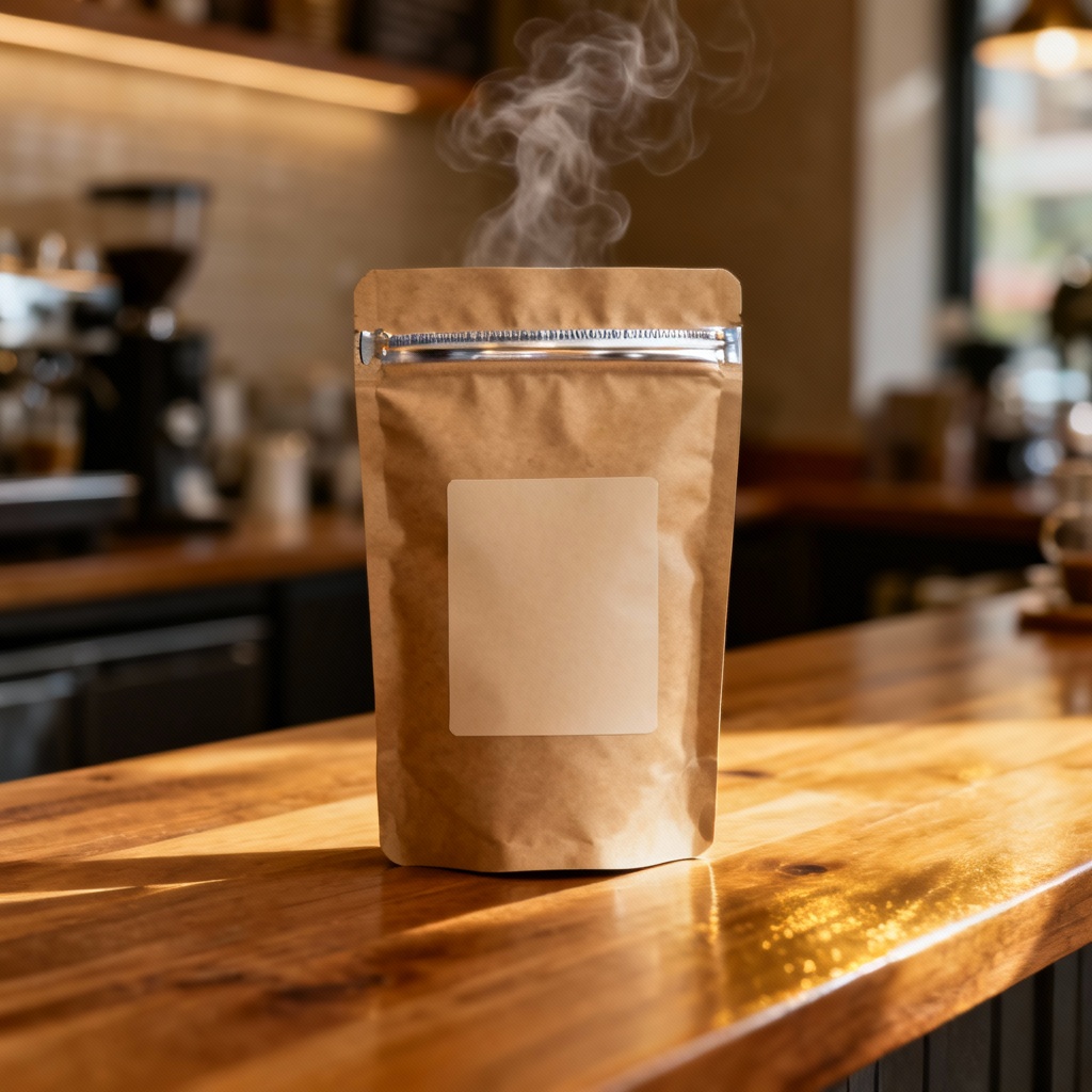 AI Coffee Pouch Packaging Lifestyle Mockup