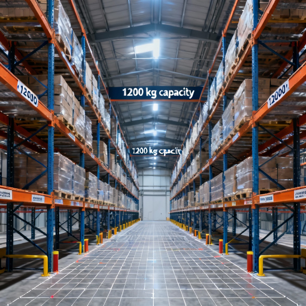 High-bay pallet racking layout with labeled aisle spacing