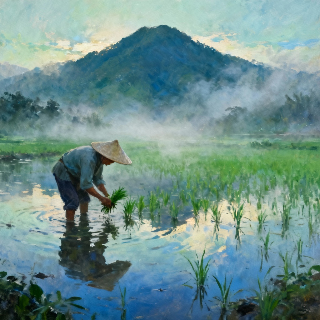 Traditional rice farmer planting seedlings in paddy