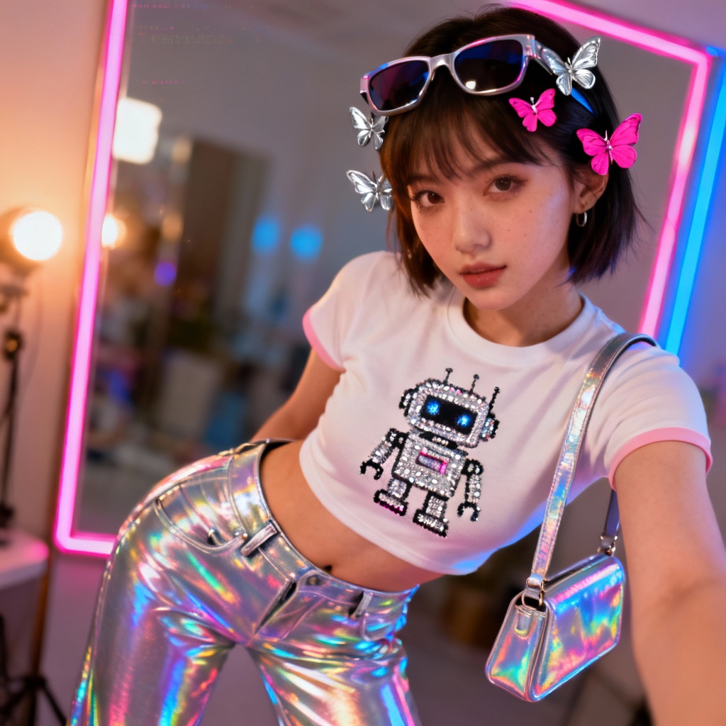 AI Y2K outfit try on mirror selfie with holographic pants