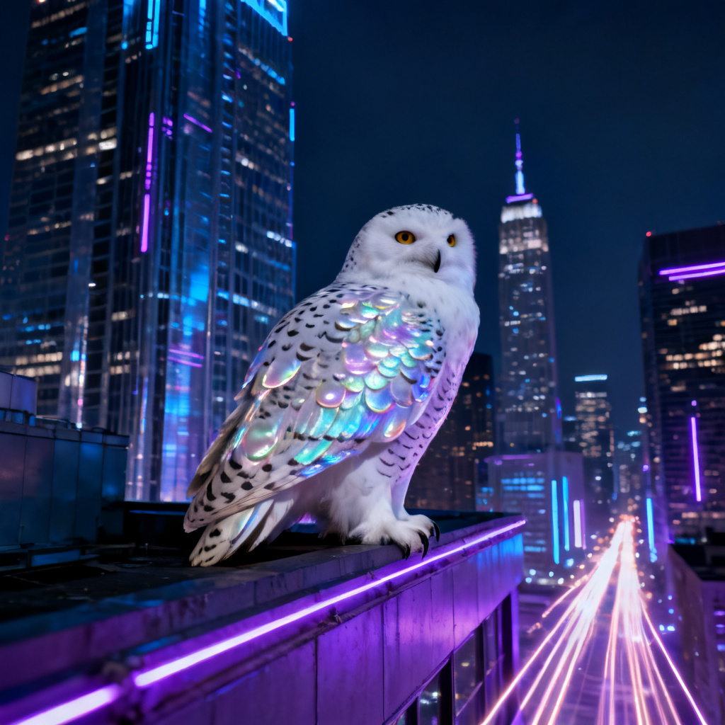 Colossal owl perched on a skyscraper at night