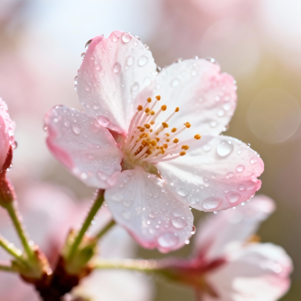 AI photoreal cherry blossom macro with dew