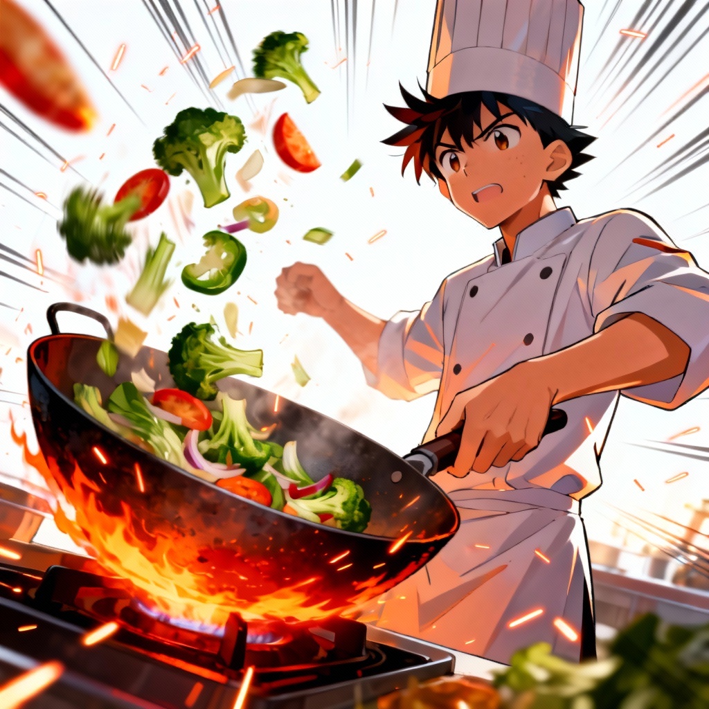 Shonen anime chef tossing a flaming wok in action