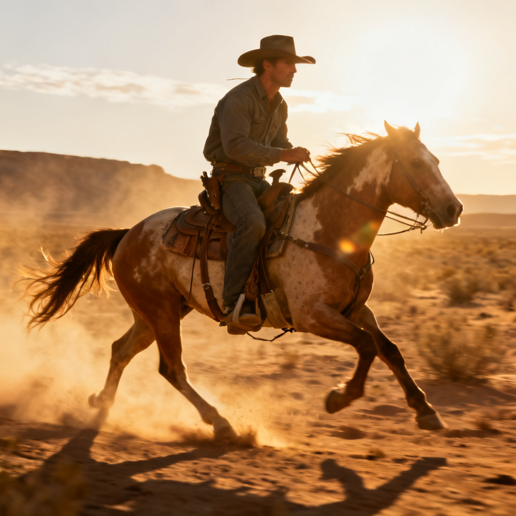 AI cowboy riding a horse in a western desert