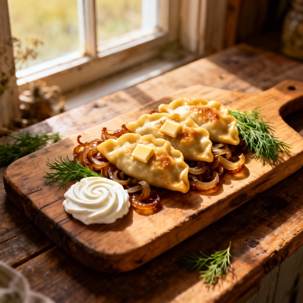 Rustic pierogi with butter and herbs on wooden board