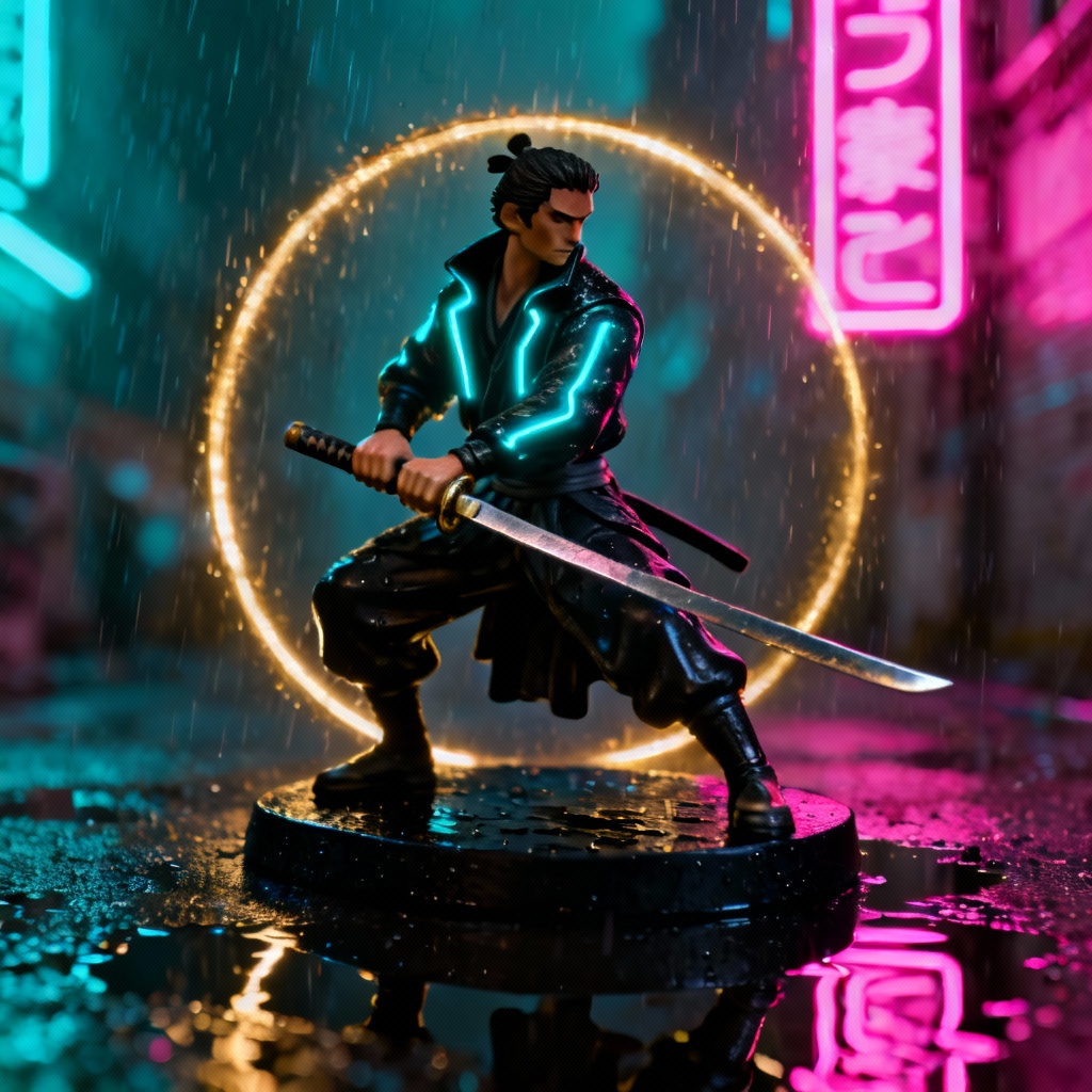 AI cyberpunk samurai figurine with neon accents