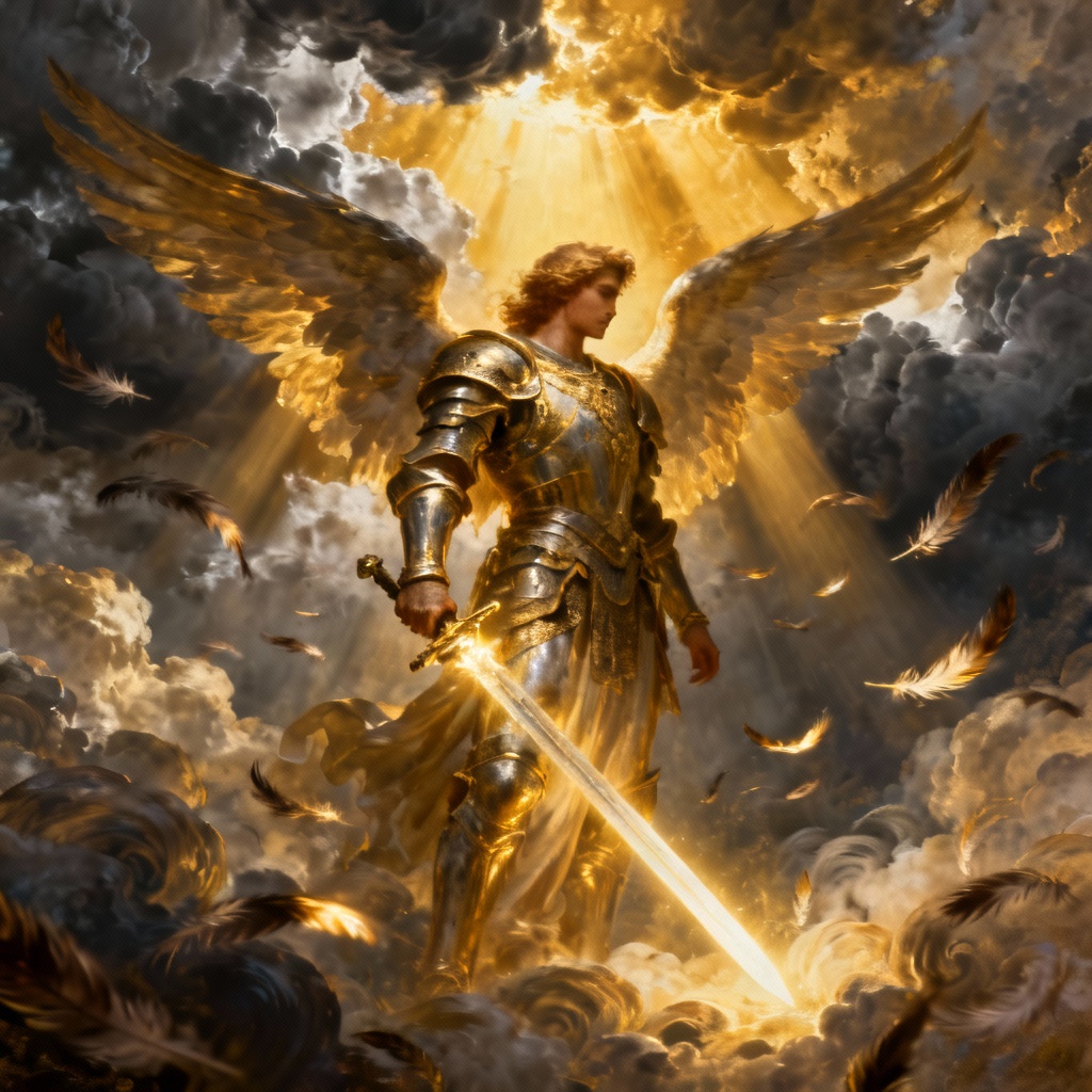 AI archangel with glowing sword and radiant storm light