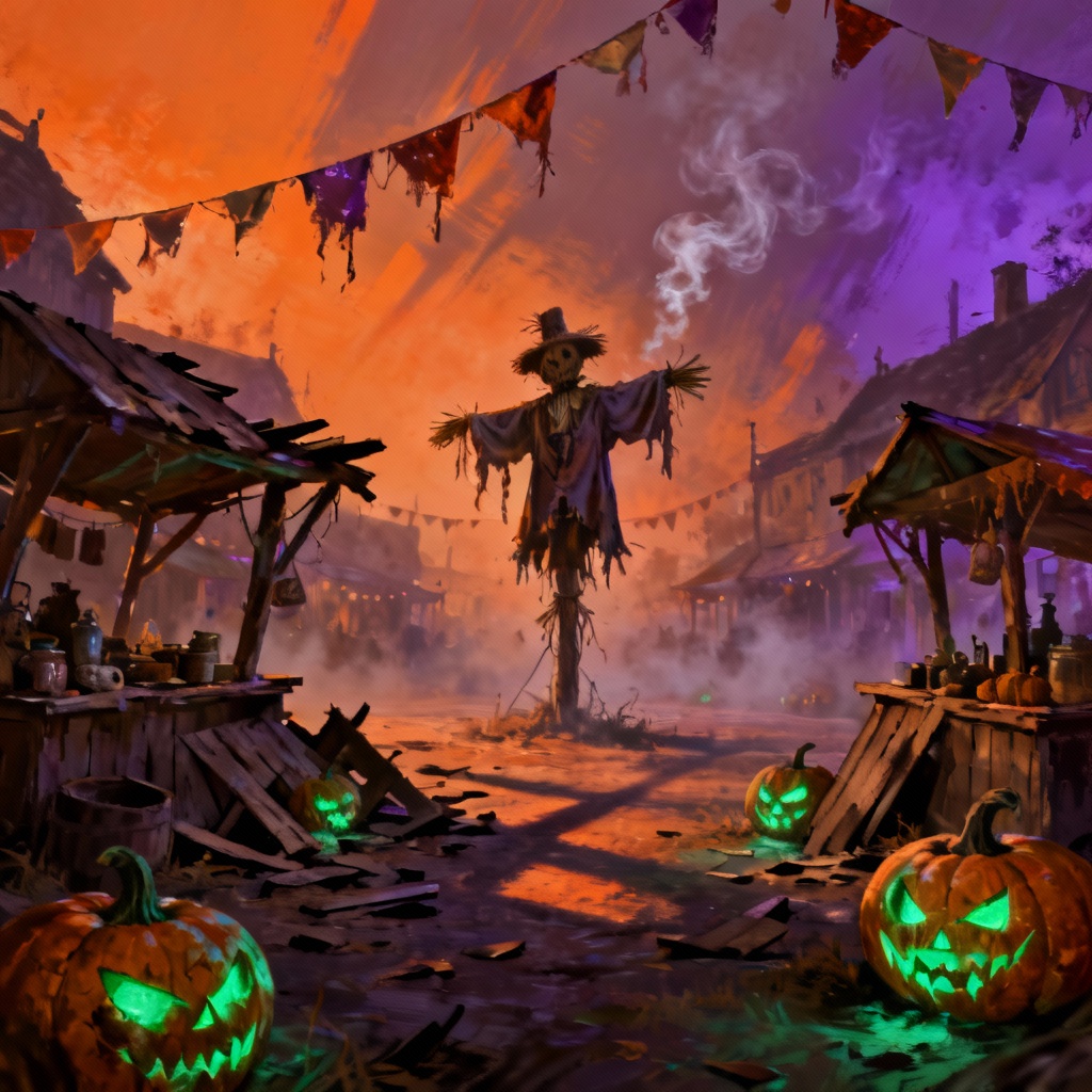 AI cursed harvest festival square with glowing gourds and scarecrow