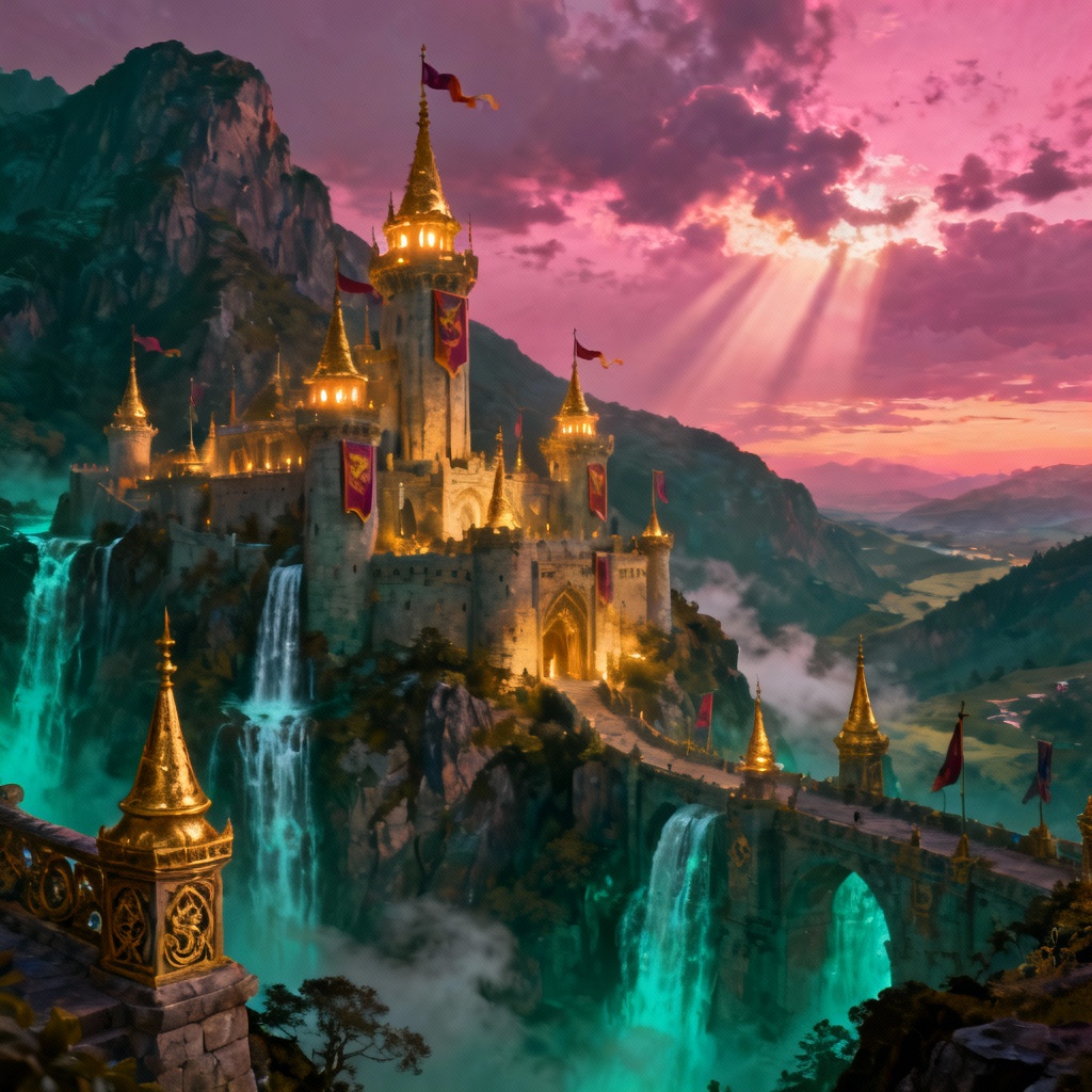 AI epic fantasy movie theme with castle at dusk and glowing banners