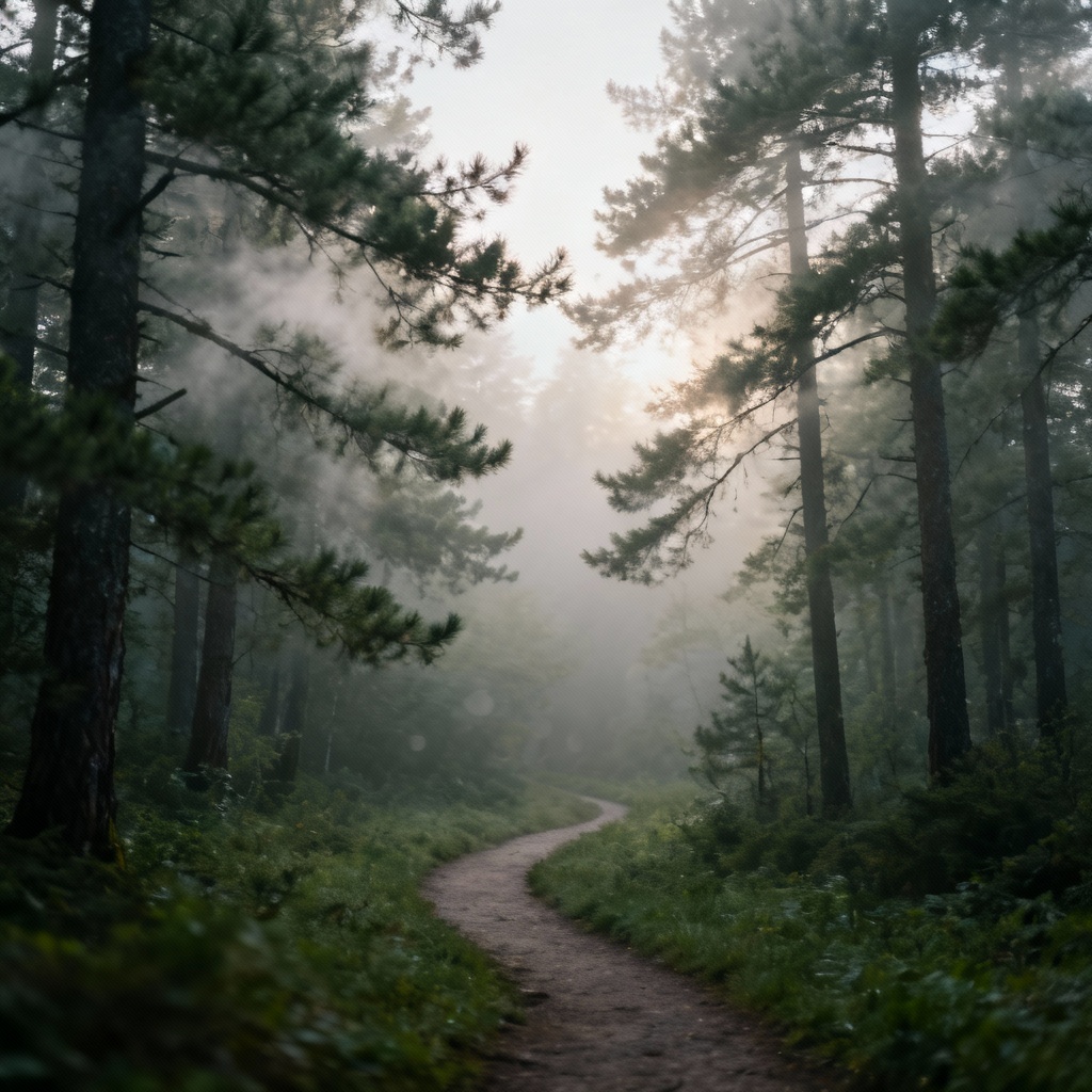 AI serene foggy pine forest trail with soft light