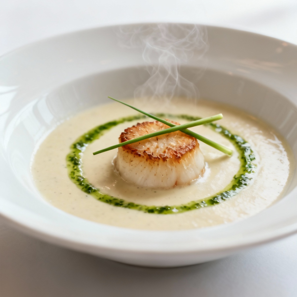 AI seared scallop with velouté and herb oil in a white bowl