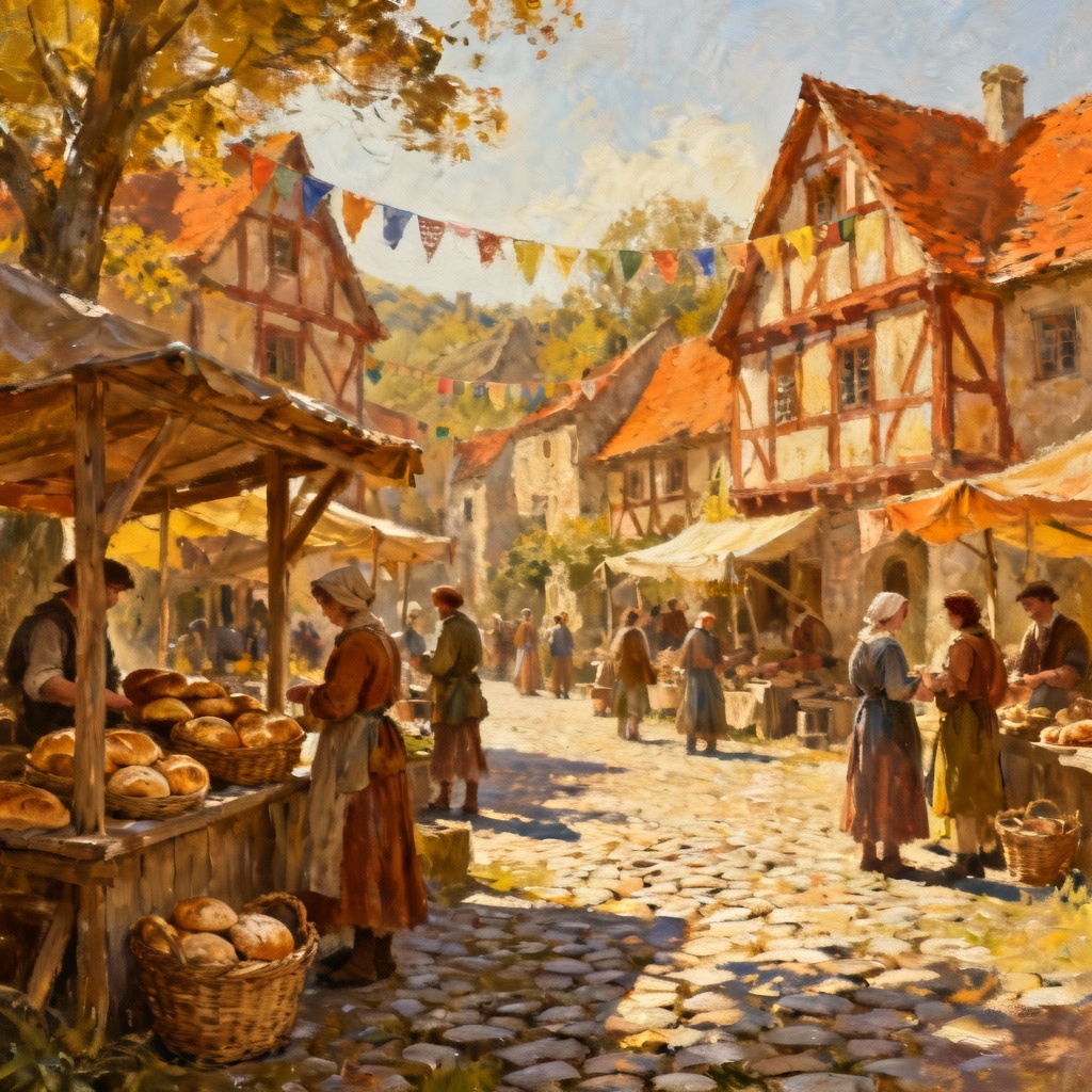 AI rustic village market on cobblestone streets with half-timber houses