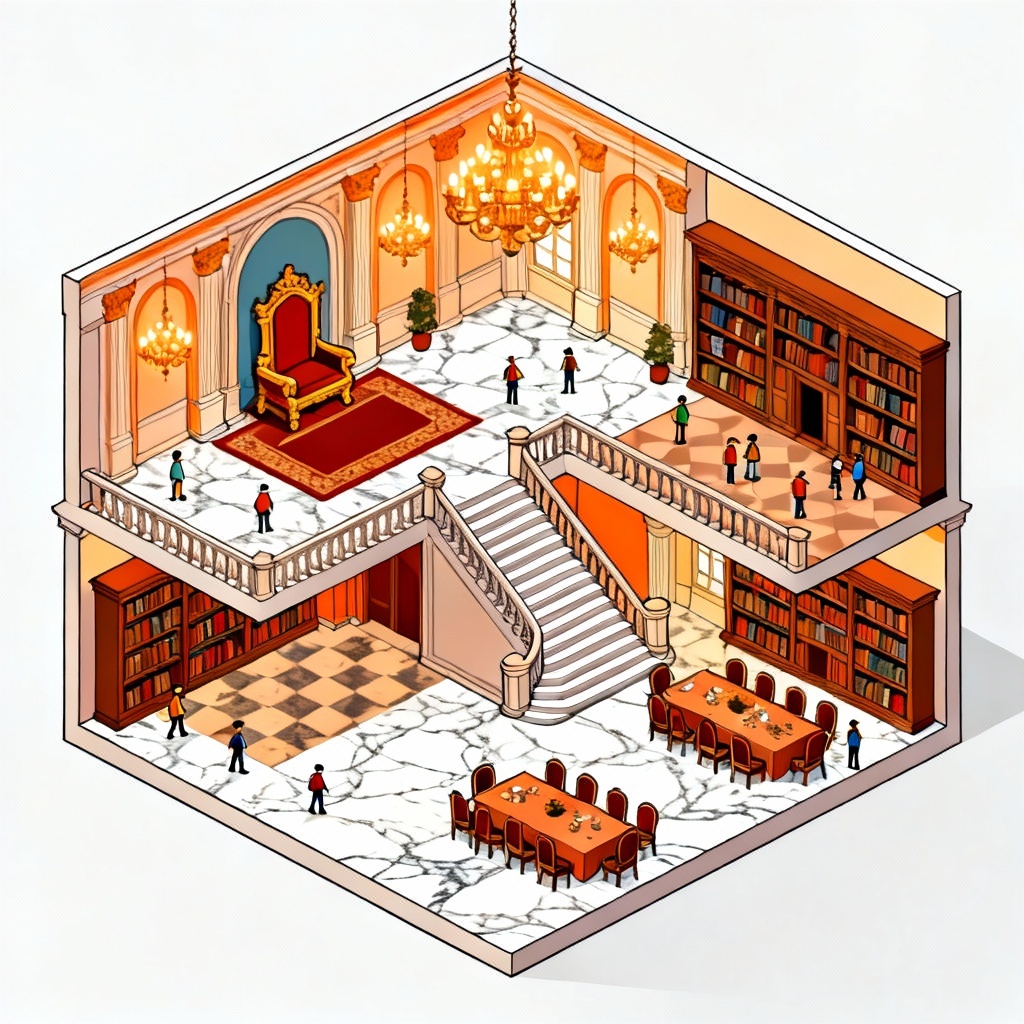 AI isometric palace interior cutaway illustration