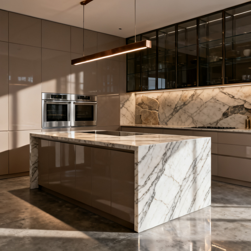 AI luxury kitchen with marble waterfall island