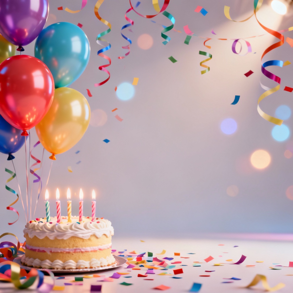 Vibrant birthday background with balloons, confetti, and cake in 4K