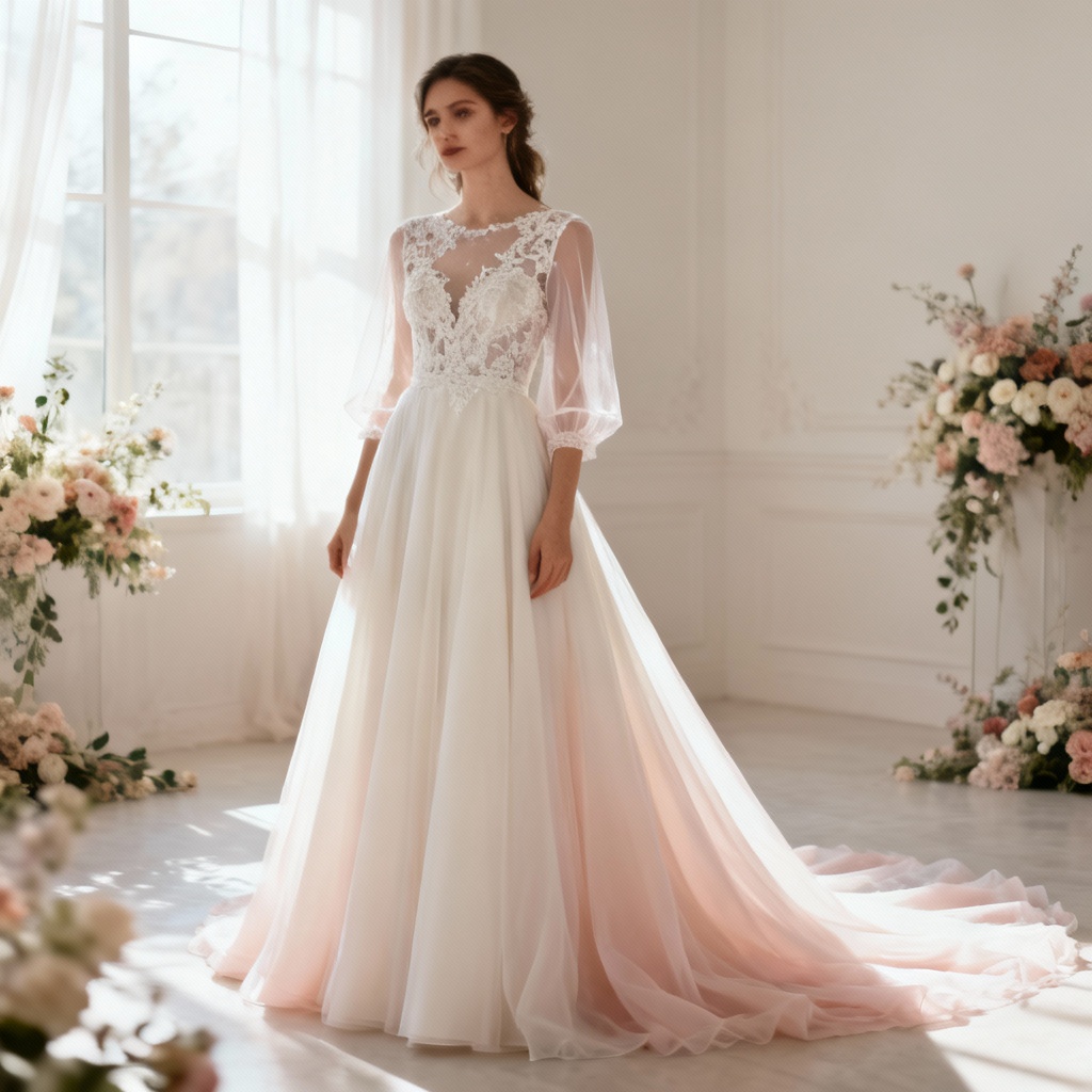 AI wedding dress preview with lace bodice and long train