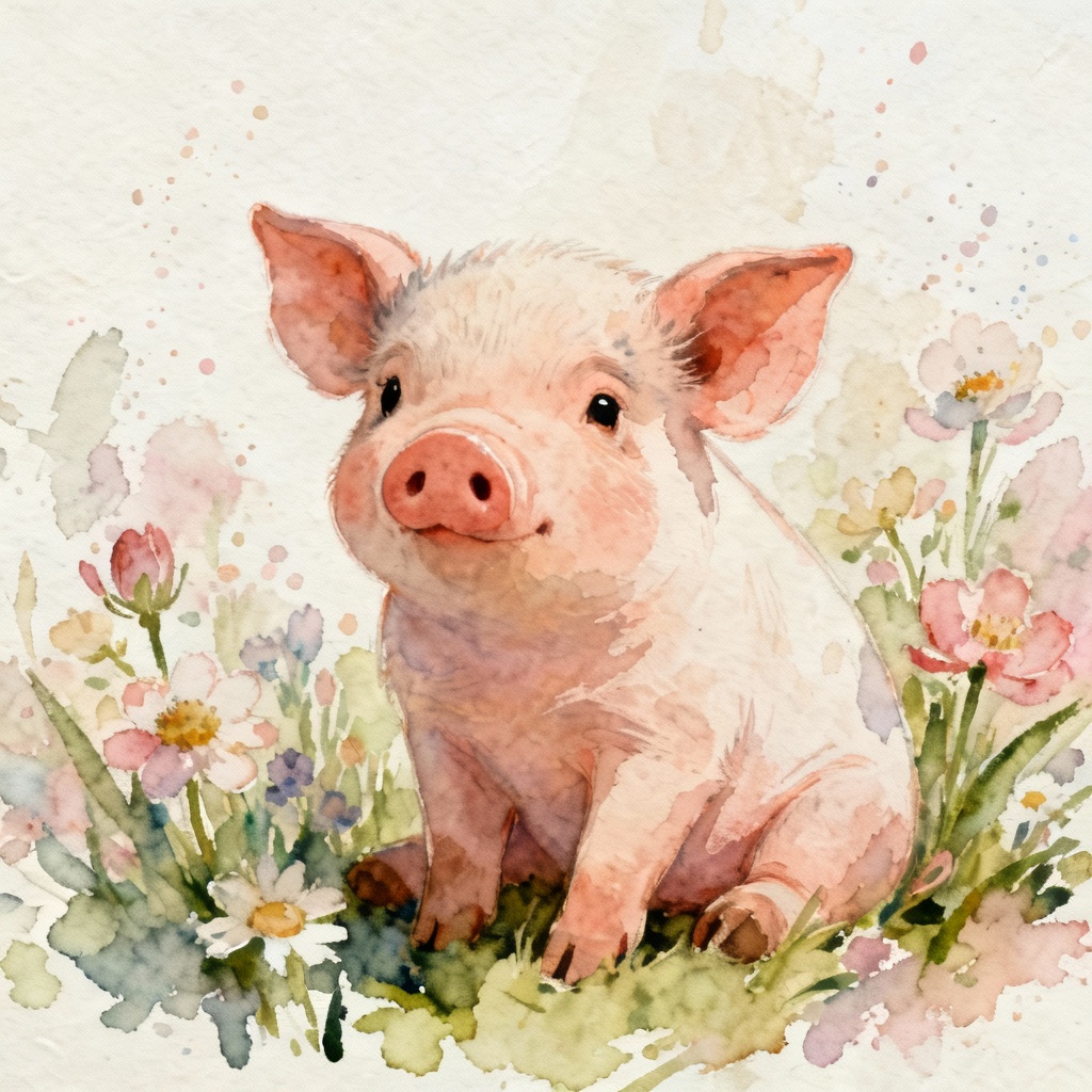AI watercolor piglet in a flower garden