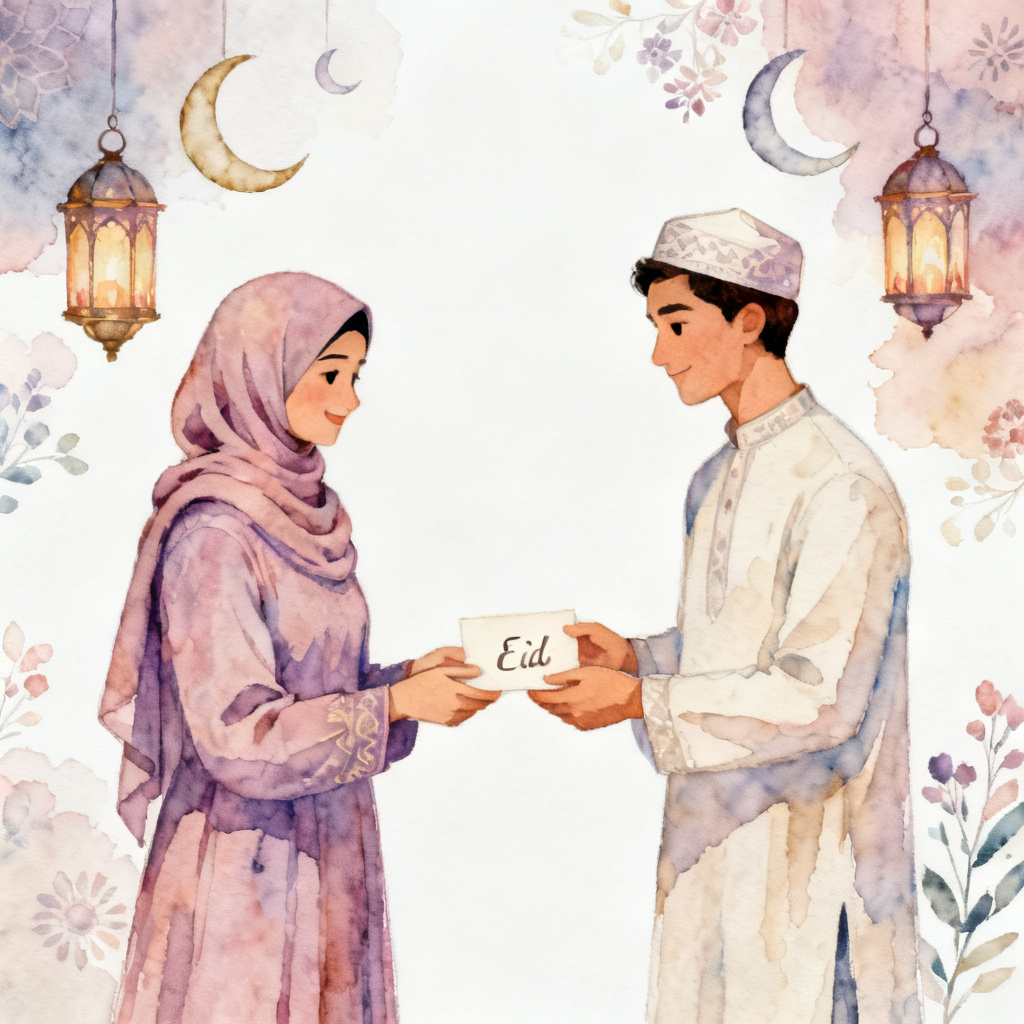 AI watercolor Muslim couple Eid greeting illustration