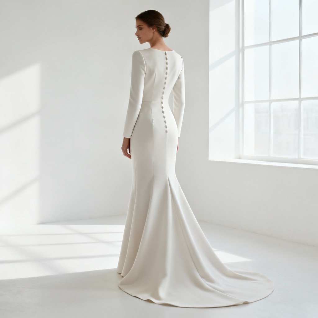 AI Modest Long-Sleeve Crepe Wedding Gown