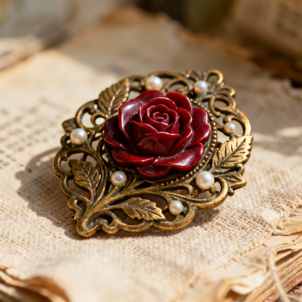 Victorian rose brooch with antique brass filigree