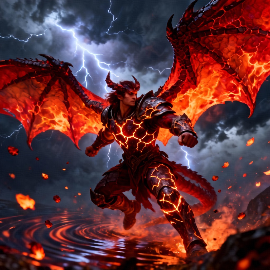 AI fantasy warrior with blazing dragon wings