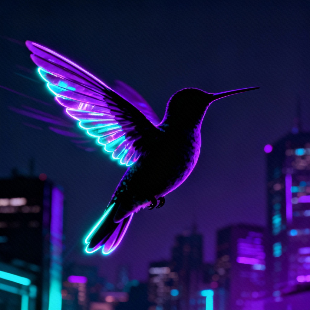 Neon cyberpunk hummingbird with glowing wings