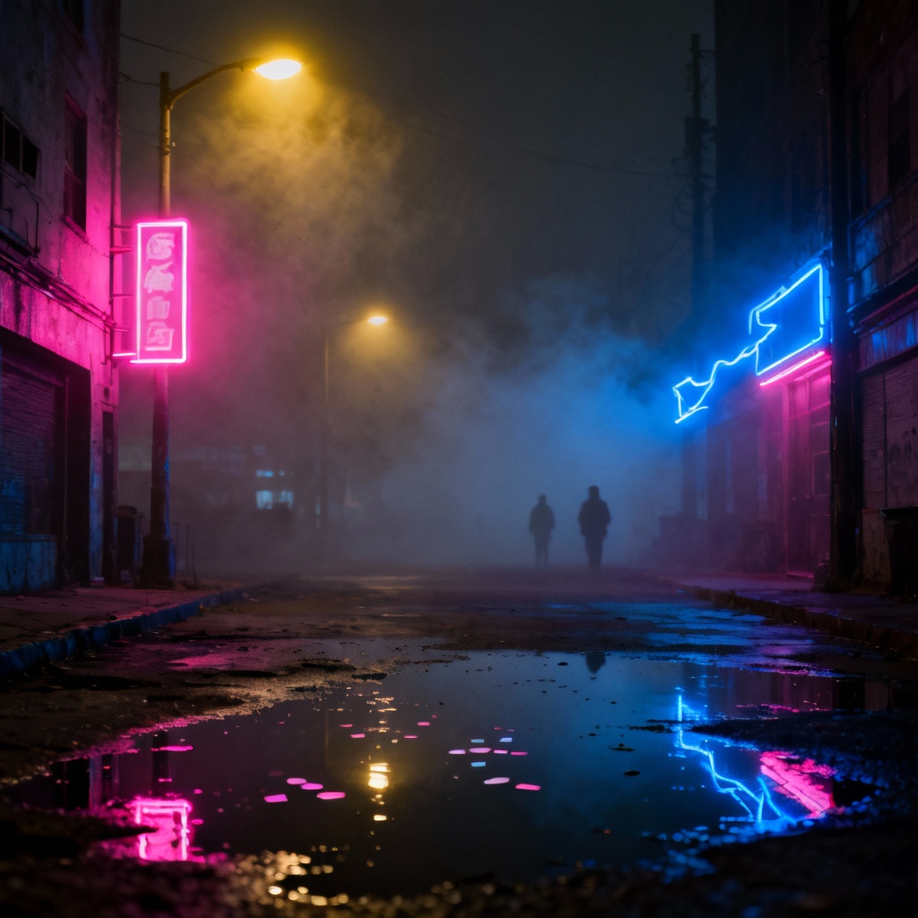 Dystopian tunnel with neon reflections and haze