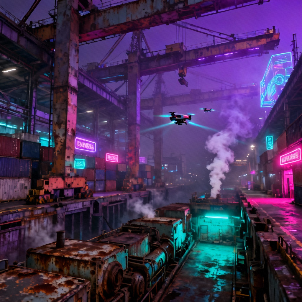 AI cyberpunk space station city with neon docks