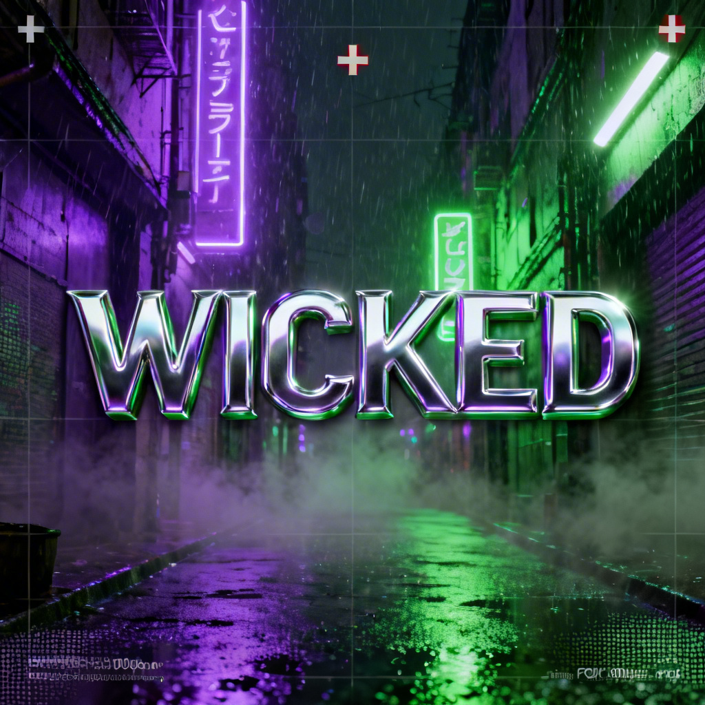 AI wicked poster featuring a neon alley, moody lighting, and bold chrome typography