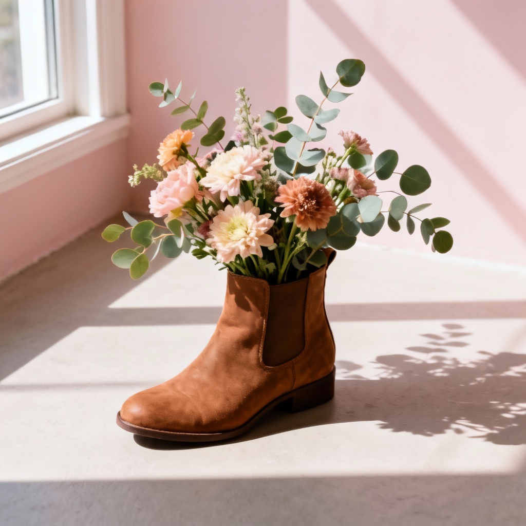 Chelsea boot filled with flowers in soft natural light