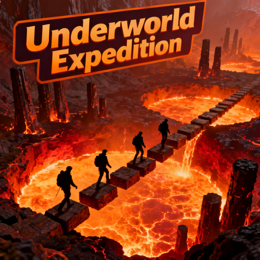 AI Minecraft poster of a fiery voxel underworld with lava