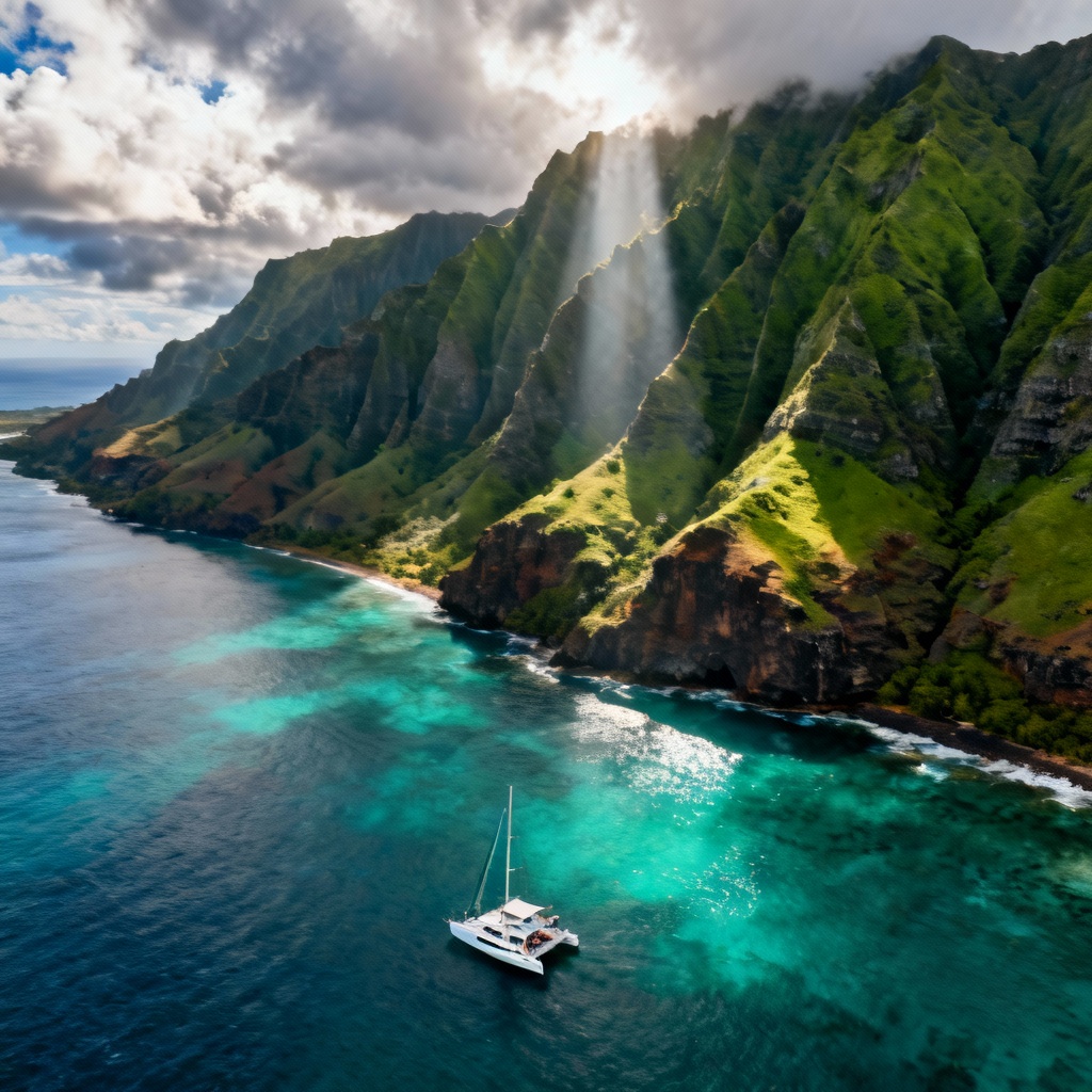 AI aerial image of Kauai Na Pali Coast with turquoise waters