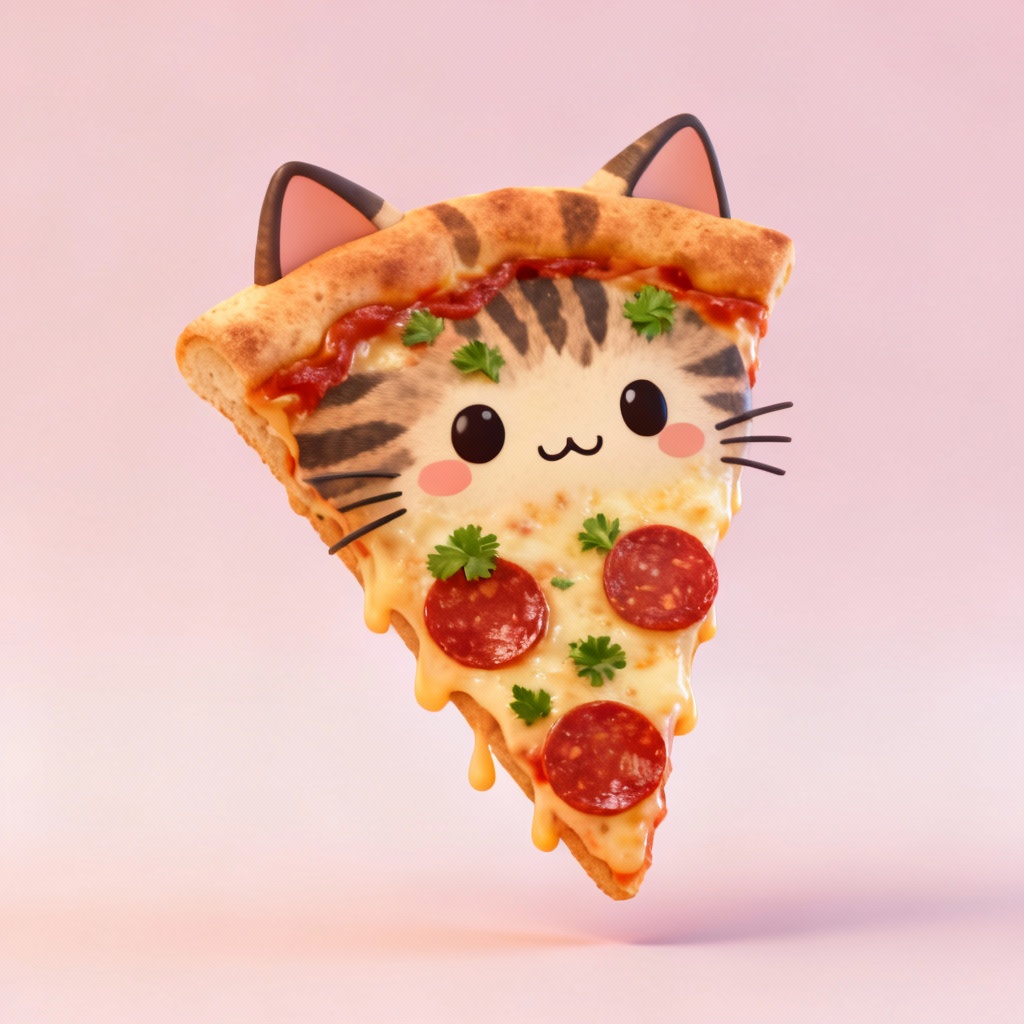 Cute cat transformed into a pizza slice with melted cheese
