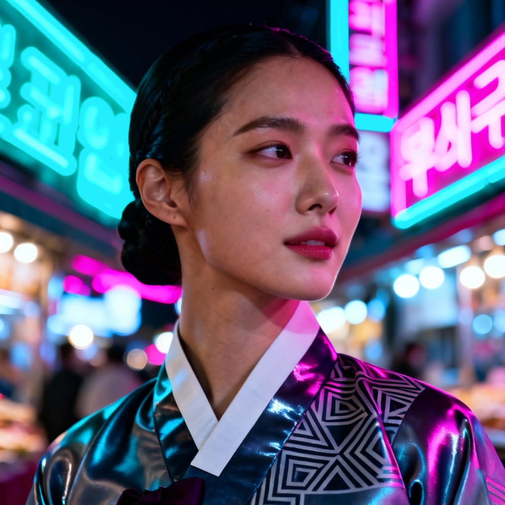 AI hanbok profile with neon night market background