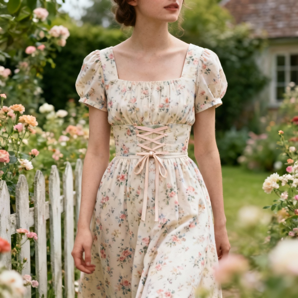 AI regencycore floral print empire waist day dress