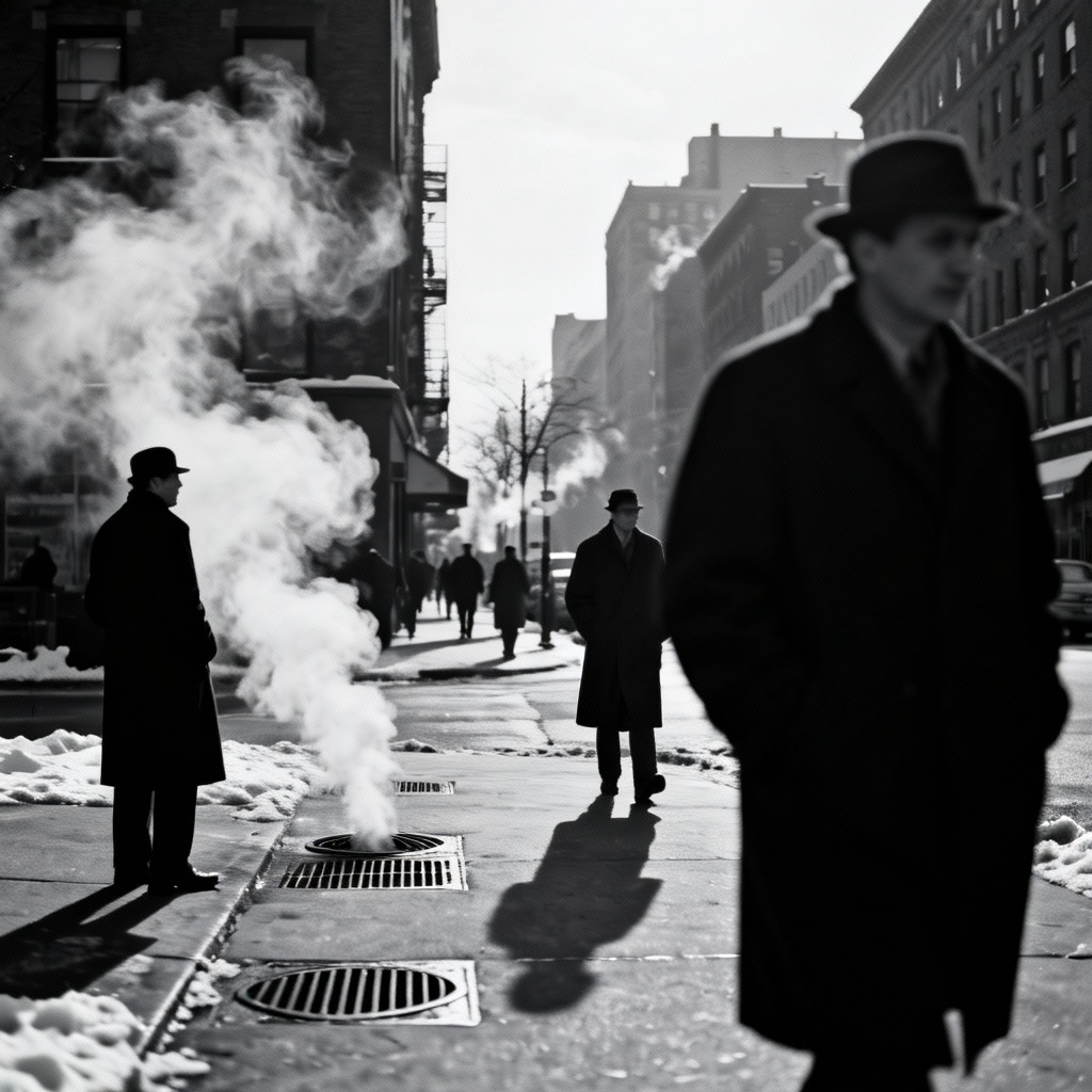 AI winter city street with steam and monochrome look