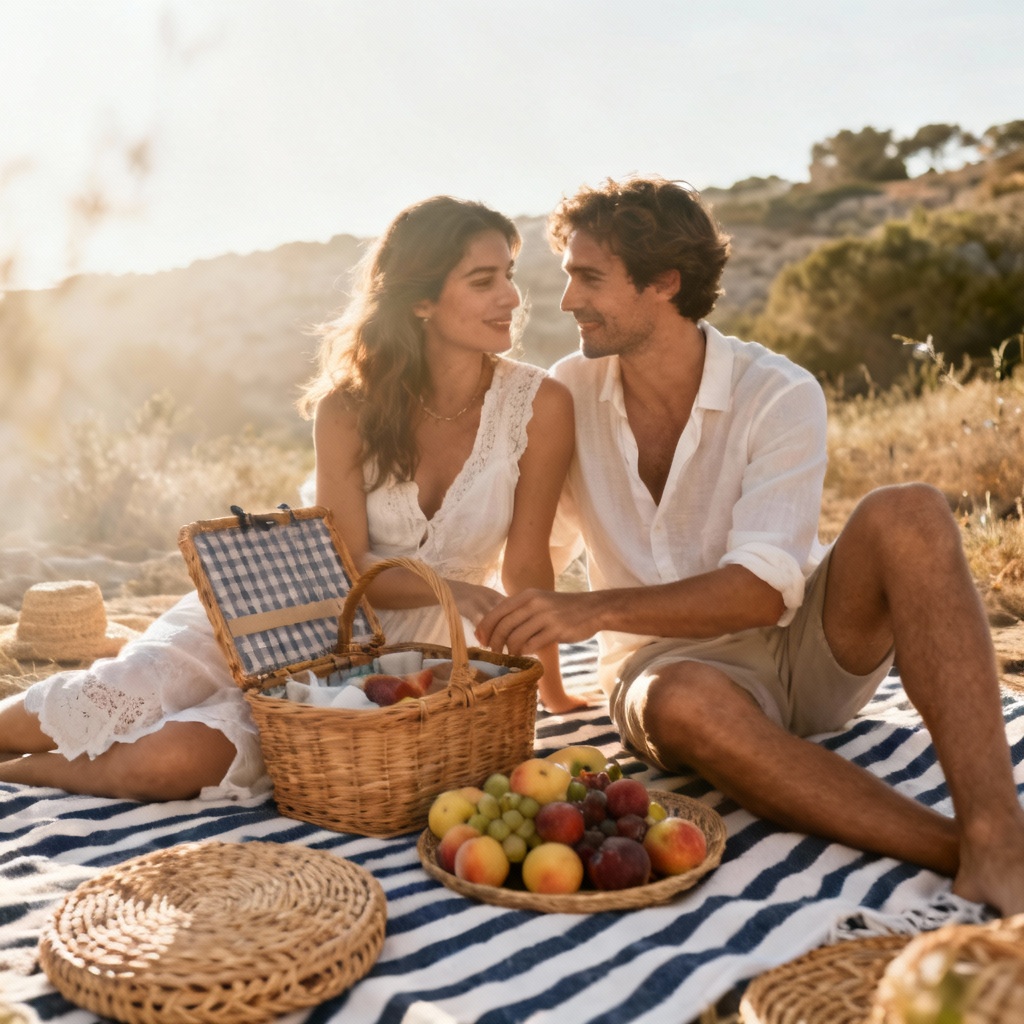 AI cozy beach picnic couple with blanket and fruit