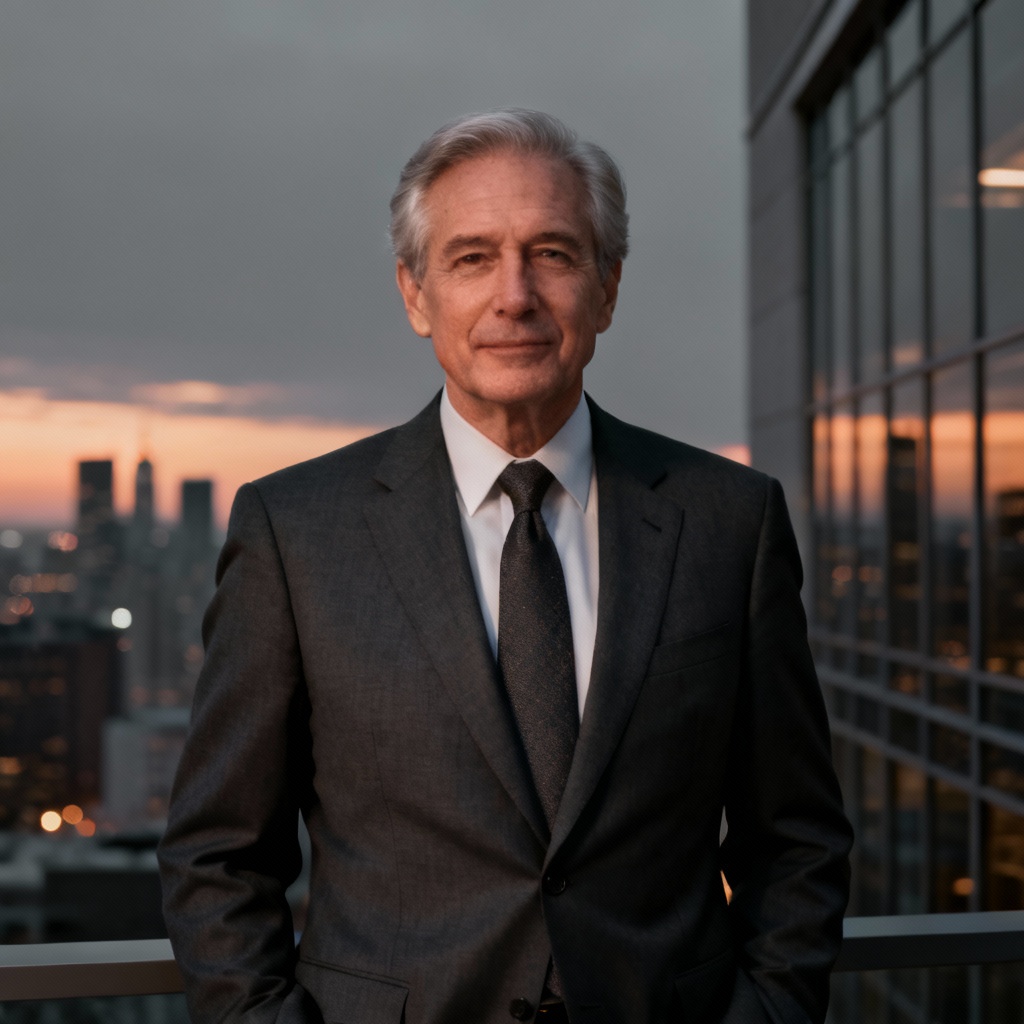 AI senior attorney headshot in corner office