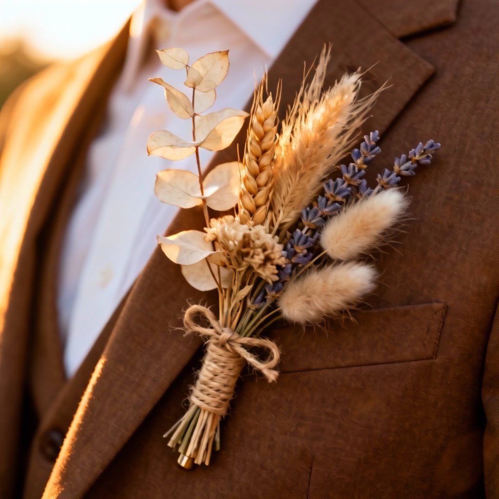 AI rustic dried flower boutonniere with wheat and twine wrap